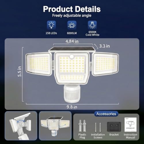 SZPOWER 6000LM Solar Flood Lights Outdoor, 4 Heads with Large Motion Sensor - image 2