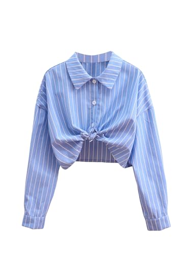 OYOANGLE Girl's Striped Button Down Shirts Long Sleeve Cropped Collared Blouse