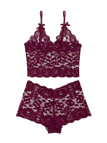 Image of Lilosy Petite Sexy Women Floral Lace Pajamas Lingerie Set High Waist Sheer Sleepwear See Through Nightwear Bow Ties Cami Shorts Bra and Panty 2 Piece Wine Red XX-Small