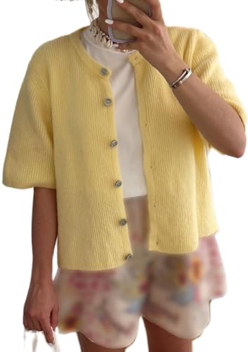 Image of Women Short Sleeve Sweater Cropped Cardigan Button Front Knit Chunky Vest Trendy Y2k Preppy Girl Knitted Top Shirt