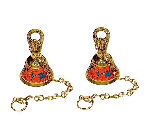 Image of DSH Pure Brass Hanging Bell with Chain for Temple Mandir Door Home Decorative Ringing Bell (Orange, 2)