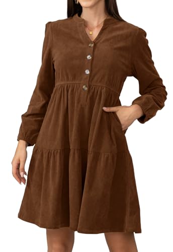 Jayscreate Women's 2025 Long Sleeve Corduroy Dress Above Knee A-Line V Neck Fall Winter Short Work Dress Brown