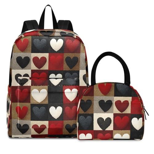 Plaid Heart Print Backpack Set with Lunch Bag, Large Capacity Travel Backpacks and Lunch Box Insulated for Commute Hiking Picnic