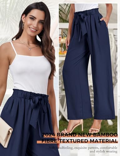 Buauty Wide Leg Palazzo Woman with Pockets High Waist Adjustable Knot Loose Trousers Business Casual Work Pants Dark Blue3