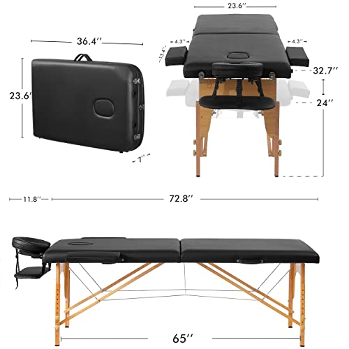 Prilinex Portable Folding Massage Table - 2 Sections Massage Bed Spa Table with Carrying Bag, Face Cradle, Armrest & Hand Pallet - Easy Set Up, Lightweight, Height Adjustable 24" to 33" Black