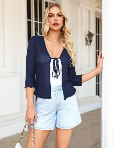 Image of Aiboria Womens 3 /4 Sleeve Shrug Lightweight Bolero Tie Front Cropped Cardigan Navy Blue
