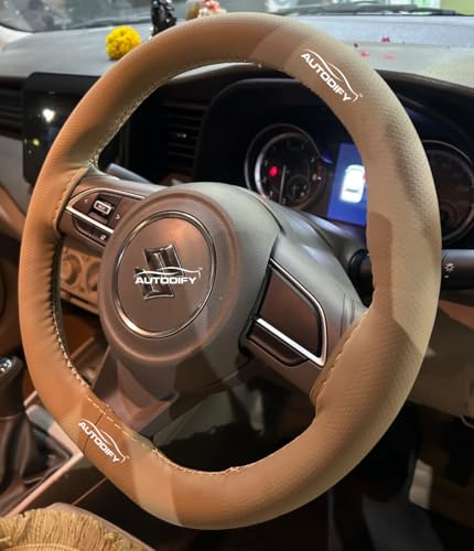 Image of Beige Leather Steering Wheel Cover Universal Fit, Anti-Slip, Breathable, Comfortable Grip, Durable & Stylish for Cars Easy Install, Long-Lasting Protection,Non-SlipDesign.