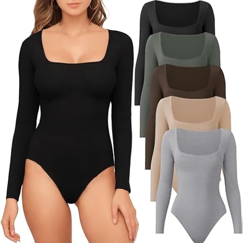 TYCTOS 4/5 Pack Square Neck Long Sleeve Bodysuit Stretchy Bodysuits for Women Daily Casual Womens Long Sleeve Bodysuit Tops 5 Pack: Nude&Black&Light Grey&Olive Green&Coffee Medium Cover