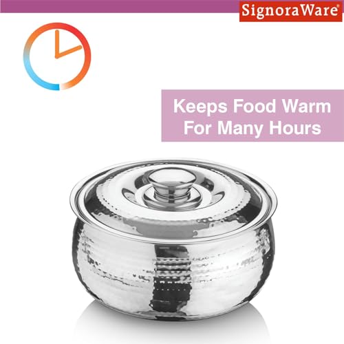 Image of Signoraware Hot Delight Hammered Stainless Steel Casserole | Airtight Lid | Retain Freshness | Great For Travelling or Small Gatherings | Perfect For Hot Curry, Chapatti & Rice (1.5 Ltr | Steel)