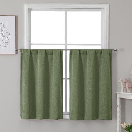 Chyhomenyc Jack Sage Green Curtains 36 Inches Long 2 Panels Set for Kitchen, Soft Airy Light Filtering Faux Denim Fabric Rod Pocket Short Curtains Window Treatments, 30 W x 36 L, Sage Green