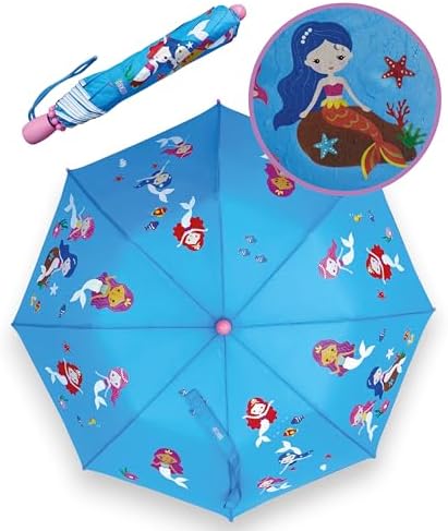 HECKBO Kinder Regenschirm Magic Regenschirm mit Holzgriff und Sicherheits-Reflektoren- Farbwechsel bei Regen – Jungen Mädchen Taschenschirm für Schulranzen – Sturmfest - Geschenke