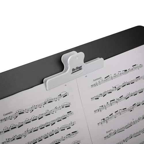 On-Stage Music Book Clip - Piano Accessories,Holds Books Open & Stabilizes Sheet Music, Scores on Music Stands, Spring Loaded, Hinged, Portable, Lightweight Plastic, Clamp, Black & White