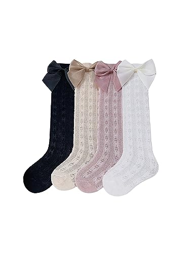 OYOANGLE Girl's 4 Pairs Cute Ruffle Knee High Socks Bow Front Over the Calf Socks Black White 2-3Y