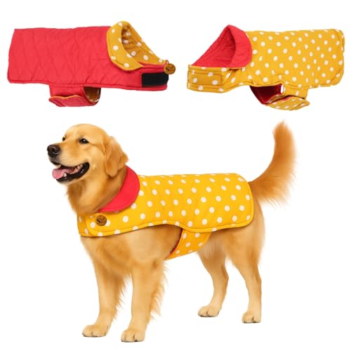 Image of Sage Square Dual-Sided Polka Dot Dog Jacket - Protective Cold-Weather Gear for Pets, Lightweight, Cushioned, Designed for Warmth & Comfort Indoors or Outside (Polka Yellow, 3XL - 24 Inch)