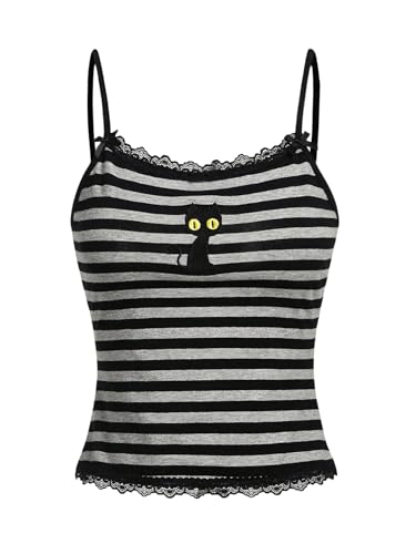Floerns Women's Sleeveless Cat Embroidery Striped Scoop Neck Contrast Lace Cami Tops