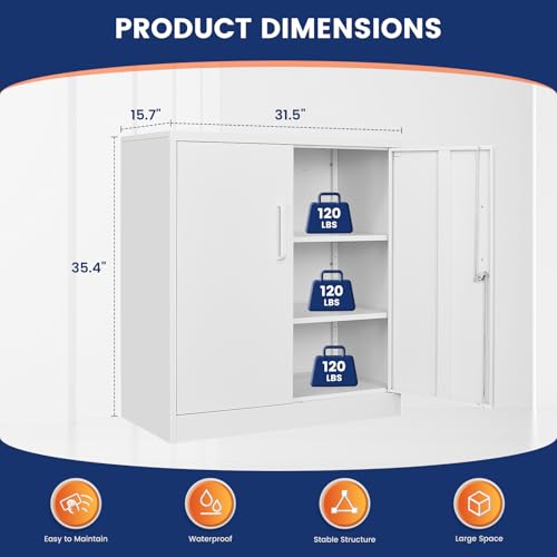 Image of Yizosh Metal Garage Storage Cabinet with 2 Doors and 2 Adjustable Shelves - 35.5 inch Steel Lockable File Cabinet for Home Office,Garage,Gym,School (White)