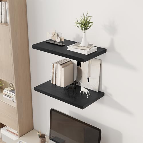 Image of Dreamland 24 inch Floating Shelves for Wall, 12 inch Deep Slim Black Floating Shelves, Wall-Mounted Shelves for Bedroom, Living Room, Kitchen, Bathroom - Set of 2