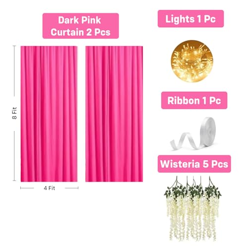 Image of Party Propz Light Pink Net Curtain for Decoration Backdrop with Artificial Ivory Wisteria Flower and Light - 9 Pcs Backdrop Decoration for Wedding, Birthday and Festival, Background Decorations Items