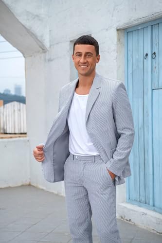 Wangyue Seersucker Suits for Men Slim Fit 2 Piece Suit Summer Beach Wedding Suits Casual Striped Jacket Pants2