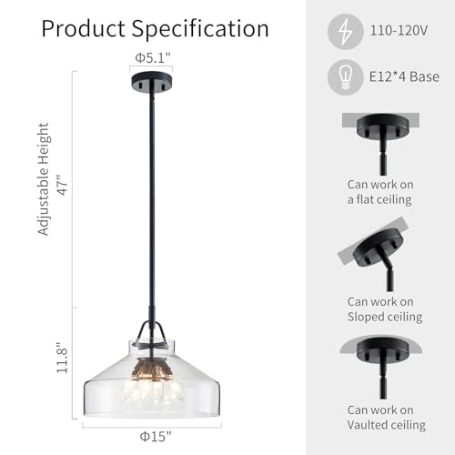 Image of WUZUPS Chandelier Rustic Farmhouse Industrial Round Ceiling Pendant LED Light Fixture with Clear Glass Shades for Dining Room Kitchen Island Foyer Entryway, H 11.8 inch W 15 inch, E26 Base, Brushed Nickel
