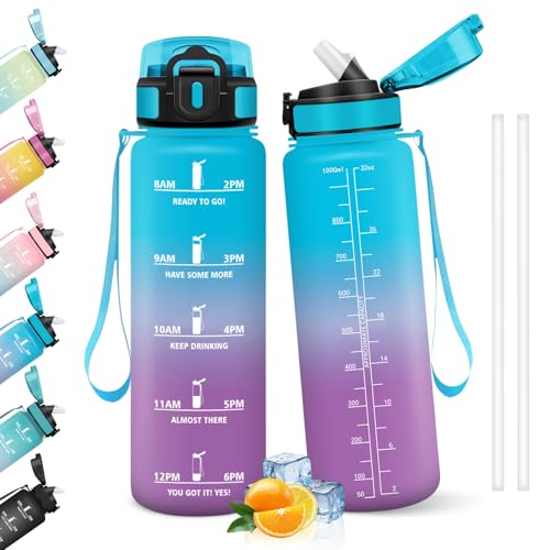 HoneyHolly Borraccia 1 Litro, Libre de BPA & A Prova di Perdita, Water Bottle con Cannuccia, Reutilizables, Bottiglia Motivazionale, Water Bottle per Scuola, Palestra, Ufficio, Sport