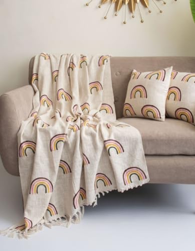 Image of Handwoven Cotton Sofa Throw Blanket with 2 pcs Cushion Covers Lightweight Decorative Couch & Bed Throw (Pack of 3, Rainbow Print)