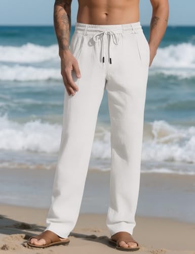 Men's Casual Linen Pants Elastic Waist Drawstring Summer Beach Lightweight Trouser with Pockets2