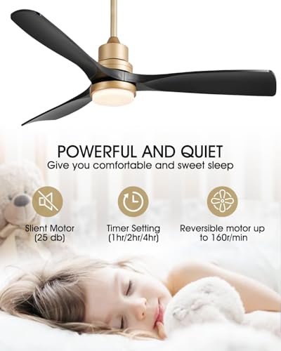 Image of 52 inch Modern Black and Gold Ceiling Fan with Lights and Remote, ETL Listed, 3 Downrods, 3 Wood Blade Gold Black Ceiling Fans, Reversible Quiet DC Motor, 3 Timer for Outdoor Patio Bedroom,52in,Black Gold