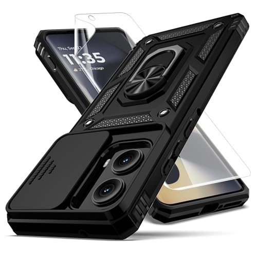 YZOK for Motorola Edge 2024 Case,with Camera Lens Cover HD Screen Protector,[Military Grade] Ring Car Mount Kickstand Hybrid Hard PC Soft TPU Shockproof Protective Case for Moto Edge 2024, Black