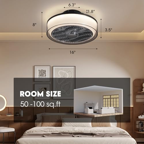Size Medium Color White And Grey Low Profile Bladeless Ceiling Fan with Light, Amber Shade Flush Mount Ceiling Fan for Bedroom, Living Room, Office, Kitchen, APP & Remote, 6-Speed Quiet DC Motor (30dB)