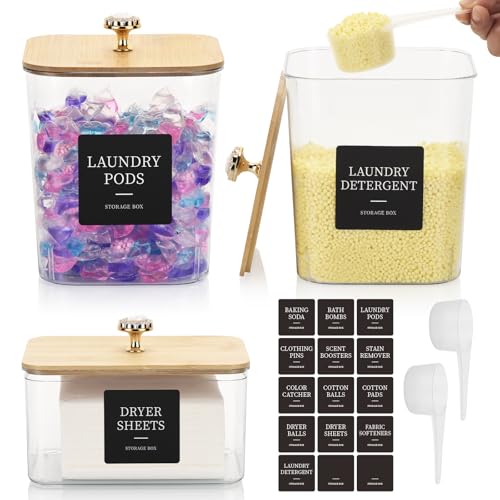 3 Pack Laundry Room Organization and Storage Containers,GlintGath Laundry Pod Containers & Dryer Sheet Holder with Spoon and Labels for Laundry Detergent Organizer