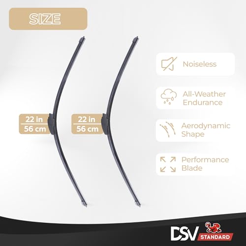 OEM Quality Windshield Wiper Blades, 22” and 22” DSV Standard Car Wiper Blades With Universal U/J Hook Only, Automotive Replacement Wiper Blades for my Car, Water Repellency Wiper Blade, Pack of 2