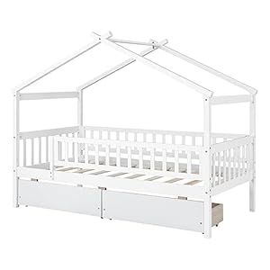 Twin Size Wooden House Bed with Two Storage Drawers for Kids, Wood Platform Bed Frame with Fence, Roof, and Safety Guardrail for Kids, Teens, Girls, Boys, White Twin Size Wooden House Bed with Two Storage Drawers for Kids Wood Platform Bed Frame with Fence Roof and Safety Guardrail for Kids Teens Girls Boys White