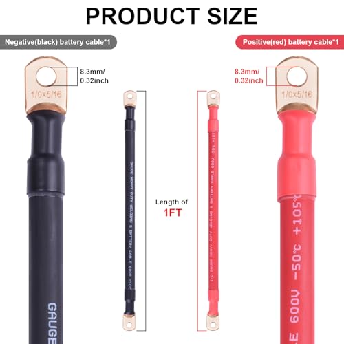 Image of iGreely 1 /0 AWG Battery Cable,1 /0 Gauge Welding Battery Copper Wires with 5 /16'' Lug Terminals for Car Solar Automotive RV Marine Boat,DIY for Replacement Parts & Accessories (Red + Black 1FT Pair)