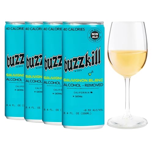 Buzzkill Wines Non-Alcoholic Sauvignon Blanc, Dealcoholized California Dry White Wine, Gluten Free, Low Sugar, 40 Calories, Pack of 4 (8.4 fl. oz per can) 33.8 Fl Oz