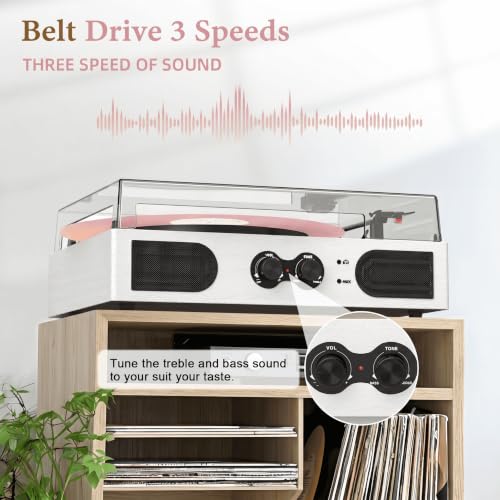 Image of Vinyl Record Player with Built-in Stereo Speakers, Vintage 3-Speed Turntable, Bass /Treble Control, Headphone Jack, RCA /AUX Outputs, Belt-Driven LP Player, White Wood