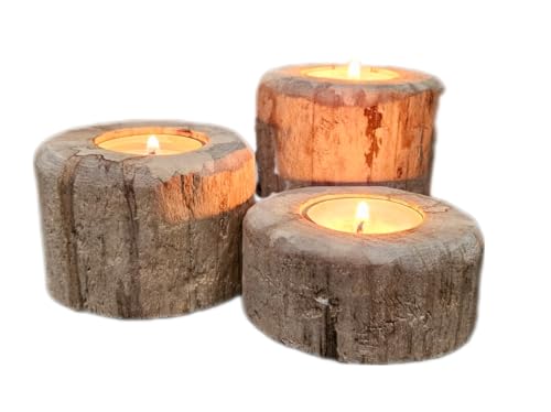 Rustic Driftwood Tea Light Candle Holders, Set of 3, Natural Wood