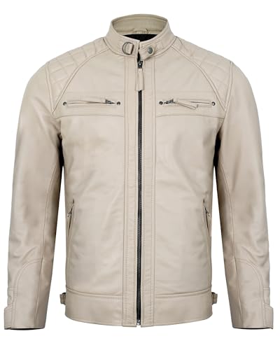 Image of Leather Jacket Men - Real Lambskin Motorcycle Jacket with Snap Tab Collar, Adjustable Waist & Zippered Pockets