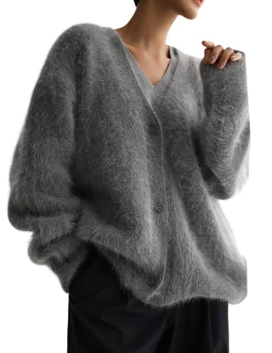 Yimoon Womens Fuzzy Cardigan Sweater V Neck Long Sleeve Button Down Slouchy Furry Knit Sweaters 2025(Grey-M)