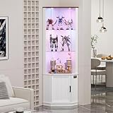 Gurexl 65" Corner Display Cabinet,Bookcase with RGB 24 Colors Dimmable,Curio Display with Glass Doors and Human Sensor,Floor Cabinets with 2 Adjustable Glass Shelves,For Bedrooms,Study,White