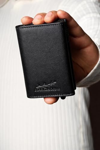 Image of BLACKTHORNE Wallet for Men | RFID Blocking Genuine Trifold Leather Pop-Up Card Holder Wallet | Slim Minimal Design with Aluminium Case Holds 6-8 Cards, Coin Pocket & Magnetic Closure (Black)