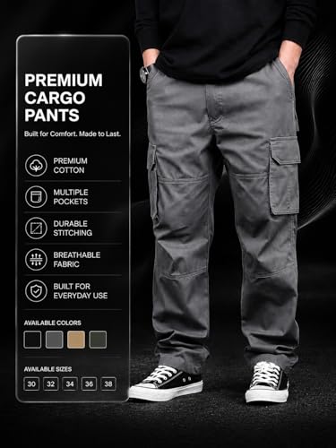 Image of Men's Cotton Cargo Pants for Men | Relaxed Loose Fit Drawstring Waist Cargo Trousers | Multi Pocket Casual Utility Pants for Outdoor, Travel