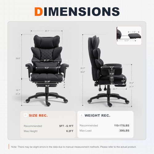Dowinx Big and Tall Office Chair with Pocket Spring Cushion and Lumbar Support,High Back Computer Gaming Chair with Adiustable Ammrests,Executive Desk Chair with Footrest(Cloth-Bla image 8