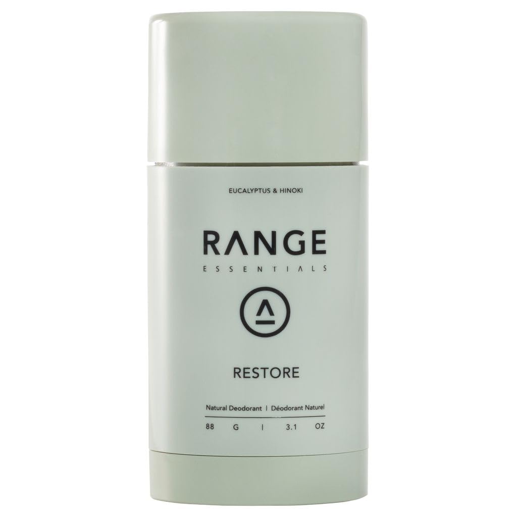 Range Essentials Restore Natural Deodorant, Eucalyptus Hinoki, Aluminum-Free, Extra Strength, Mini Travel Size, Long-Lasting Odor Control, Hyaluronic Acid, Aloe Vera, Portable, Stick, 88g (3.1oz)