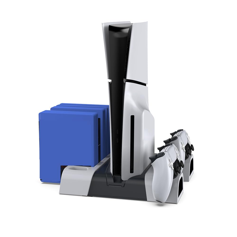 Soporte Multifuncional y Estación de Enfriamiento Consola Para PS5 Slim, Estación de Carga de Doble Mando Compatible con PS5, Cargador de Mando, Almacenamiento de Discos