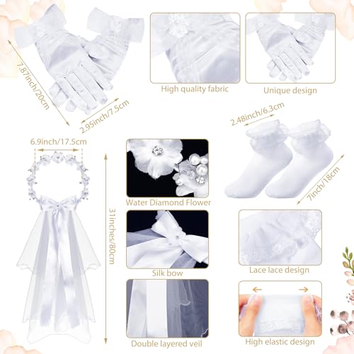 Funtery 6 Pcs First Communion Veils Set 1st Communion Shawl Wreath Veil Headpiece Glove Sock Necklace Bracelet Kid2