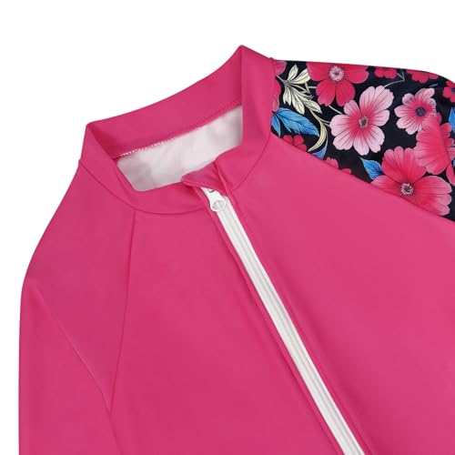 Image of Girls One Piece Rash Guard Swimsuit Long Sleeve Swimsuits with Zipper Patchwork Beach Bathing Suit for Kids 4-13 Years