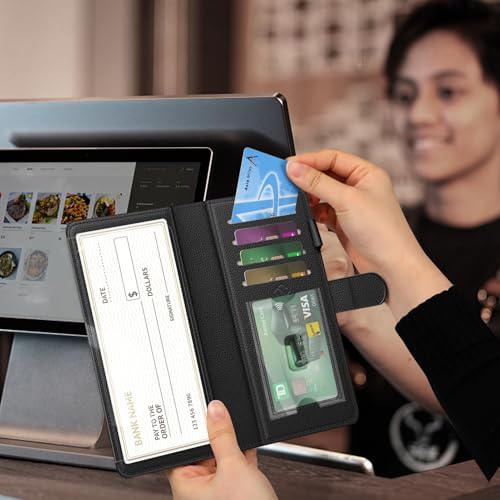 Image of FINTIE Checkbook Cover for Personal Checkbook, RFID Blocking Big Capacity Standard Register Duplicate Checks with Pen Holder, Cards Slots (Black)