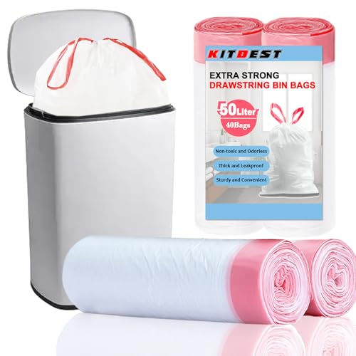 Bolsas de basura con cordón de 50L, KITBEST Bolsas de basura con asa y pedal, grandes bolsas de basura blancas de plástico para cocina, aptas para contenedores de 40-60L, 60x77cm