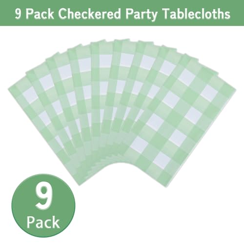 Image of Kesfey 9 Packs Sage Green Gingham Tablecloth Sage Green and White Checkered Table Cloths 54 x 108 Inches Disposable Plastic Gingham Tablecovers Waterproof Picnic Camping Table Covers for Baby Shower